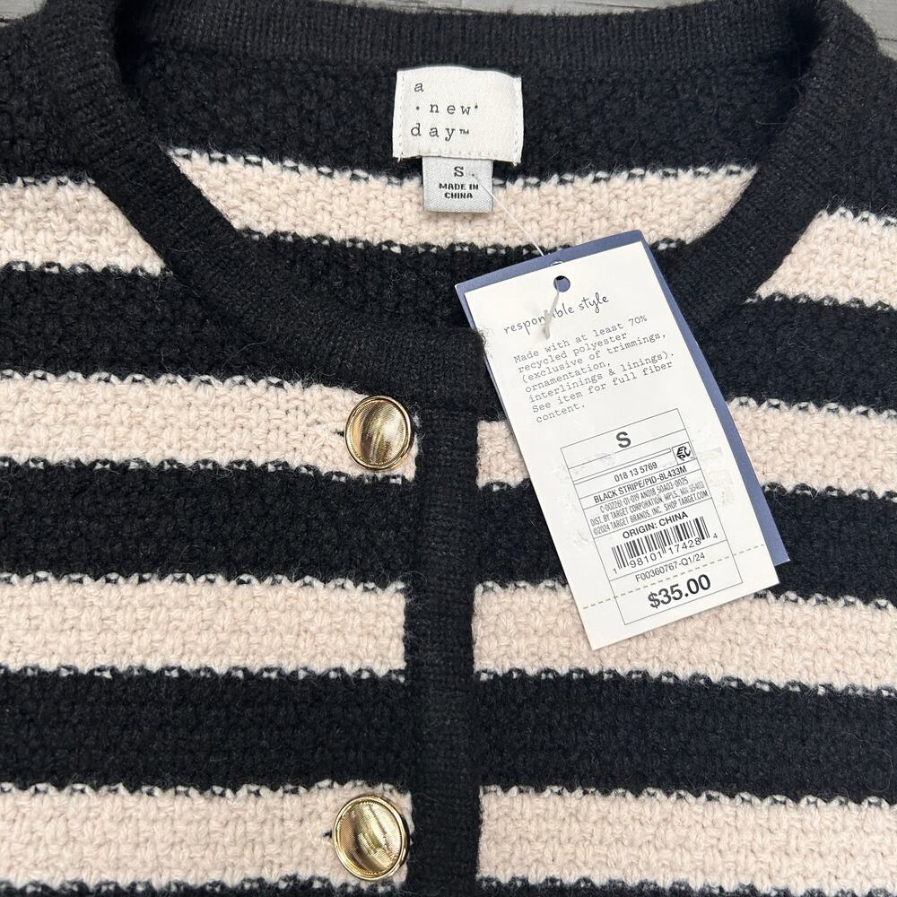 A New Day Lady Cardigan Small Black Cream Stripe Gold Buttons NWT Preppy - Picture 2 of 7